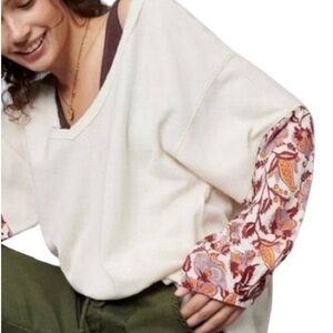 ANTHROPOLOGIE ANNETTE THERMAL WAFFLE KNIT V-NECK FLORAL PAISLEY SLEEVE SHIRT XS